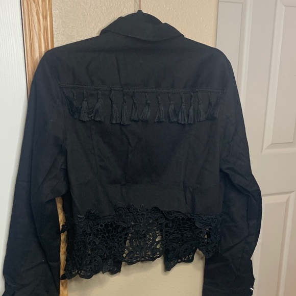 BLACK Denim Button Up Collared Jacket with Tassels and Lace Trim Size X-Large - Picture 8 of 8